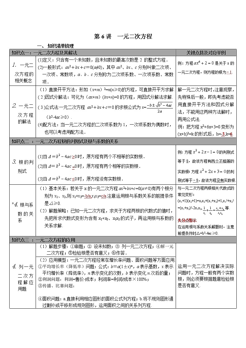 数学九年级上册第6讲 一元二次方程第1页