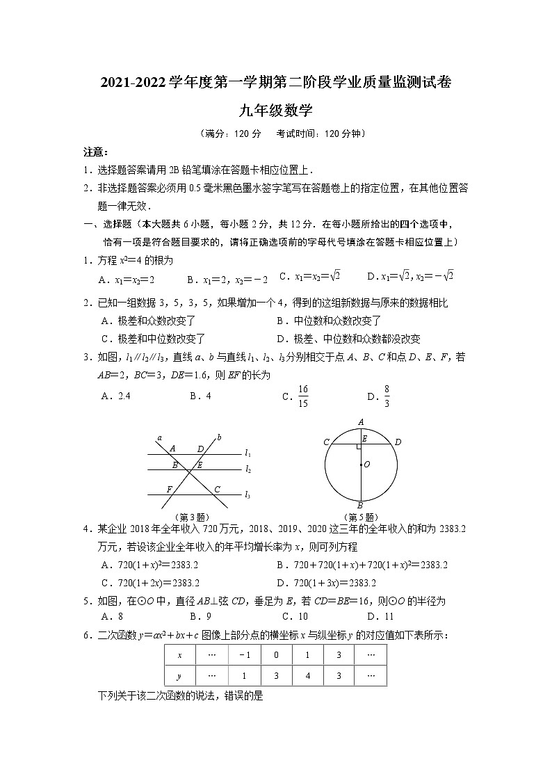 江苏省南京市秦淮区五校2022届九年级上学期第二阶段学业质量监测数学试卷(含答案)第1页