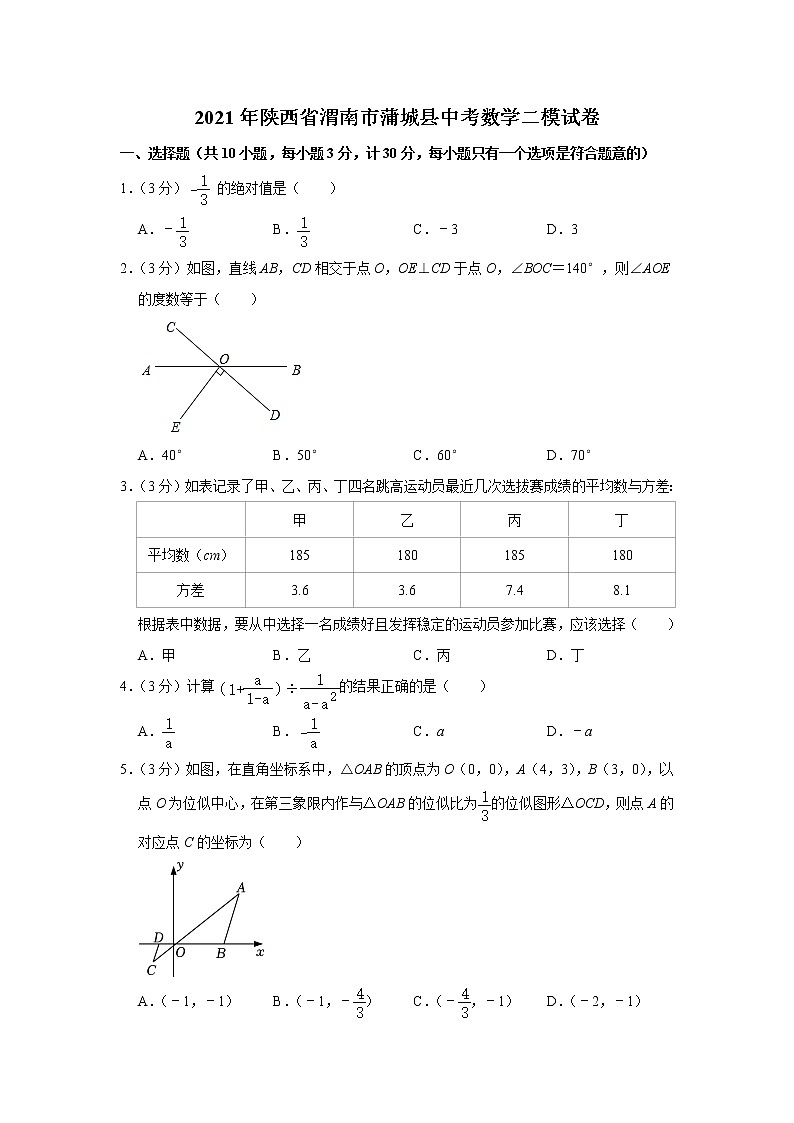 2021年陕西省渭南市蒲城县中考数学二模试卷01
