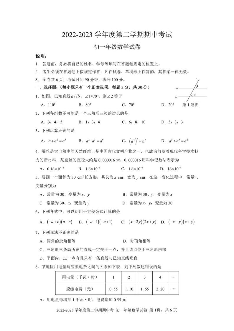 广东省深圳中学初中部2022-2023学年下学期七年级期中考试数学试卷+答案01