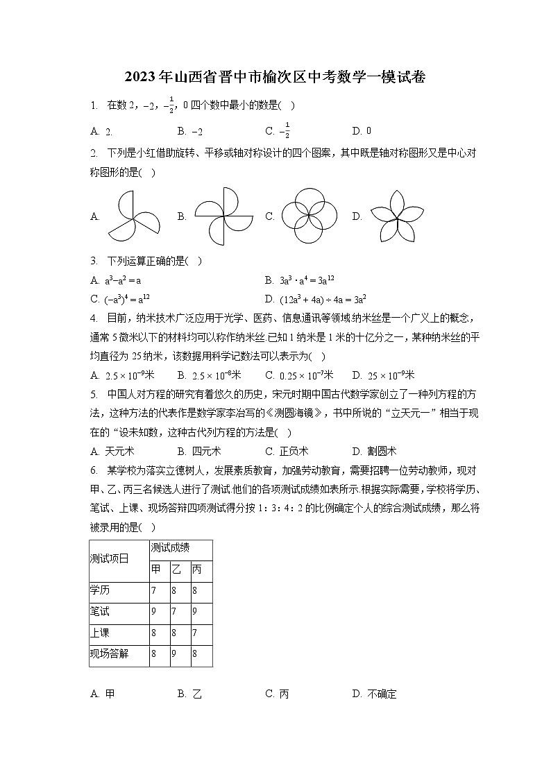 2023年山西省晋中市榆次区中考数学一模试卷(含答案解析)01