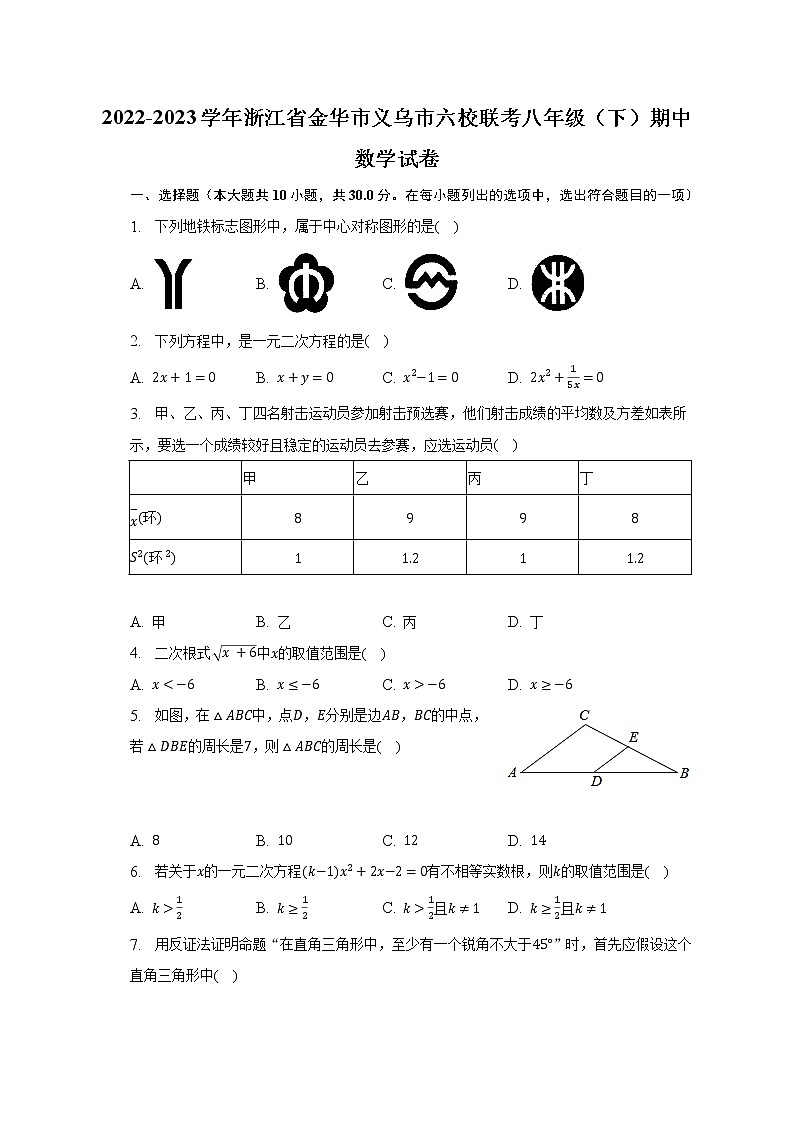 2022-2023学年浙江省金华市义乌市六校联考八年级（下）期中数学试卷（含解析）第1页