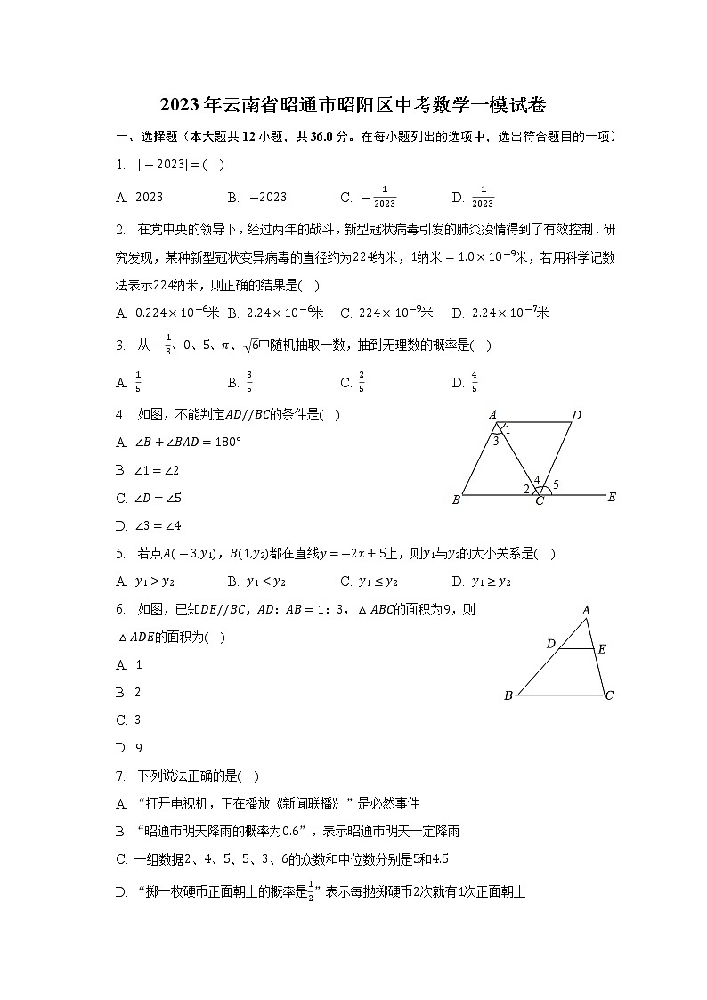 2023年云南省昭通市昭阳区中考数学一模试卷（含答案）01