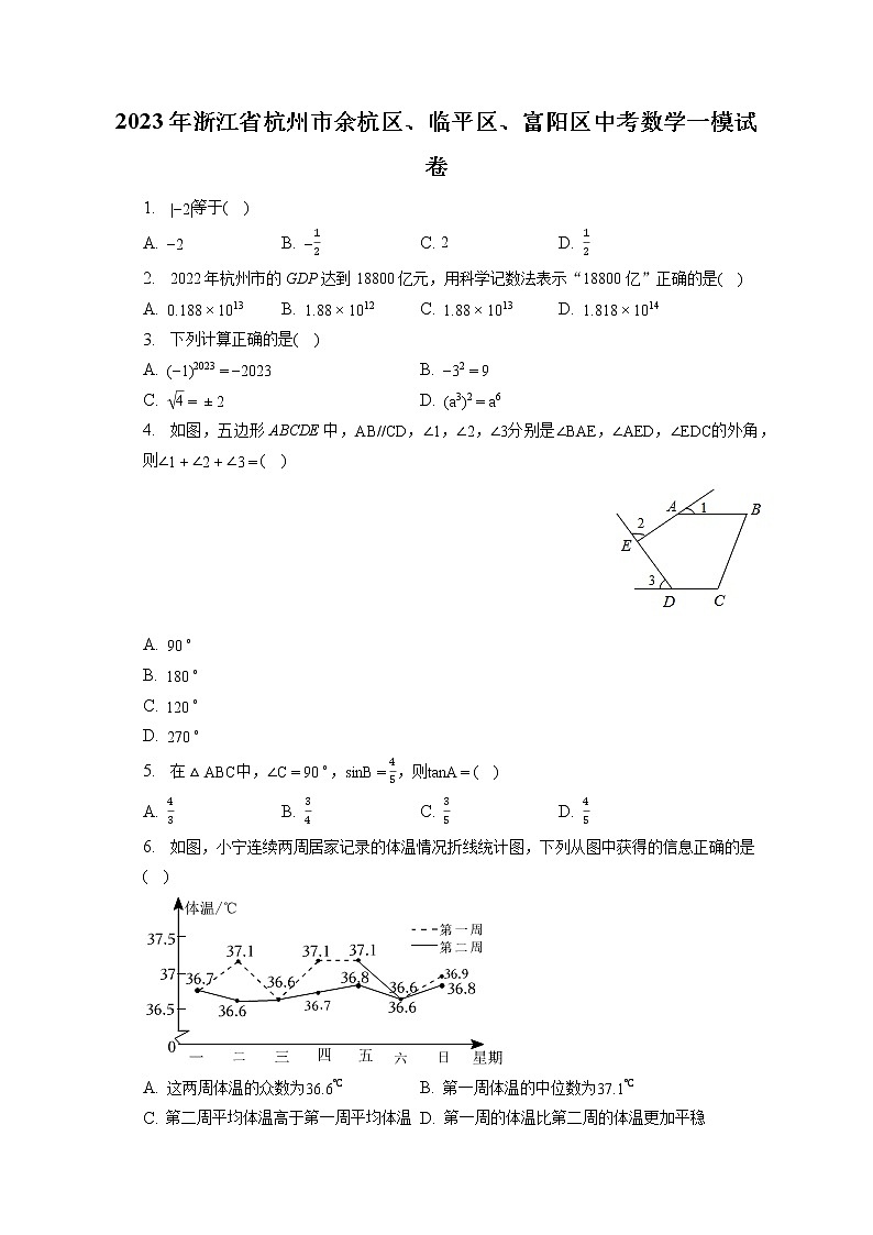 2023年浙江省杭州市余杭区、临平区、富阳区中考数学一模试卷(含答案解析)01