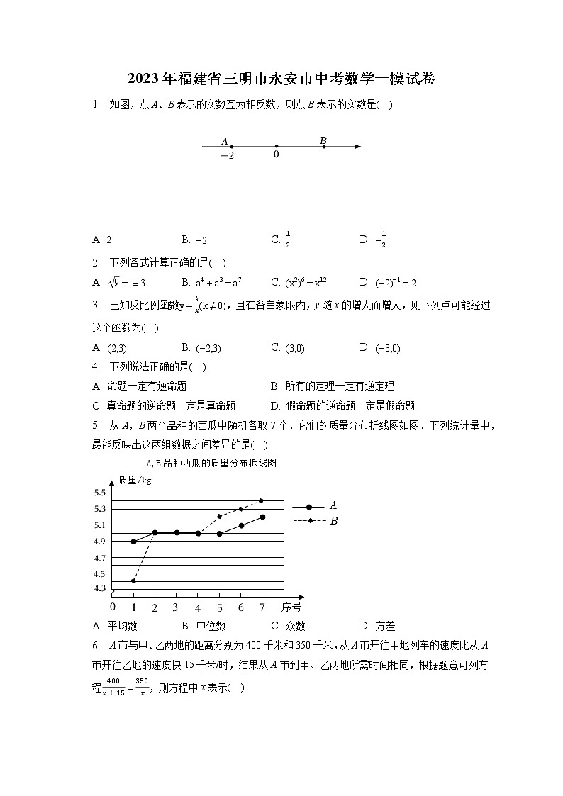 2023年福建省三明市永安市中考数学一模试卷(含答案解析)01