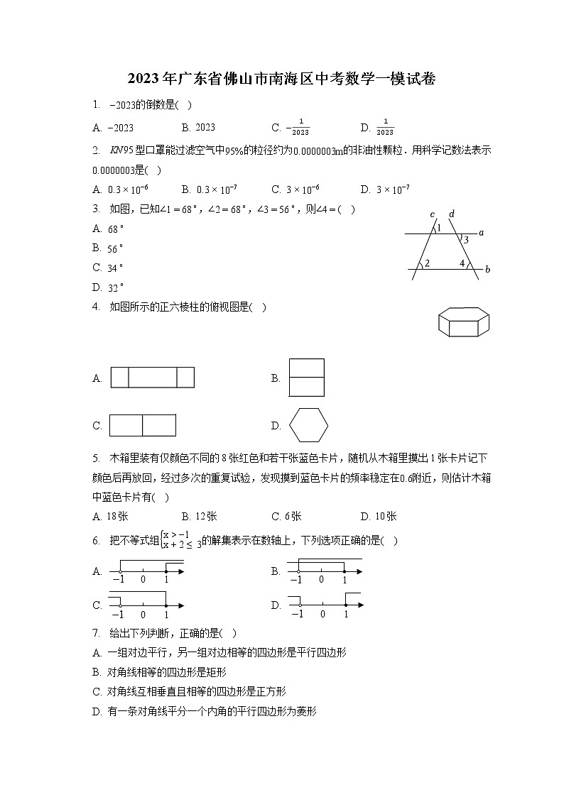 2023年广东省佛山市南海区中考数学一模试卷（含答案解析）01
