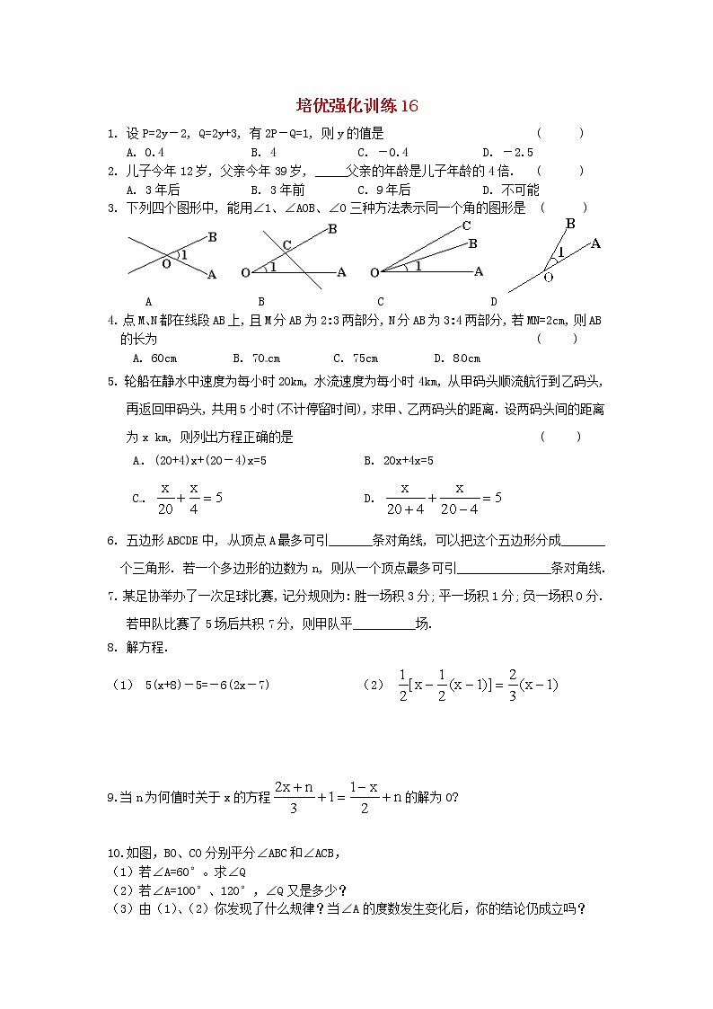 数学七年级上册培优强化训练16 新人教版第1页