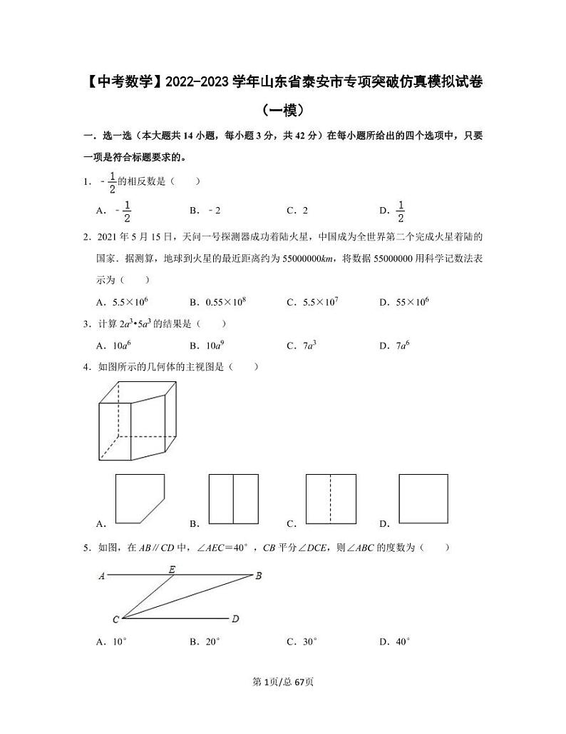 【中考数学】2022-2023学年山东省泰安市专项突破仿真模拟试卷（一模二模）含答案01