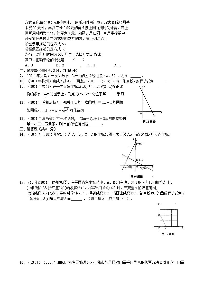 2012年中考数学专题练习八 一次函数第2页