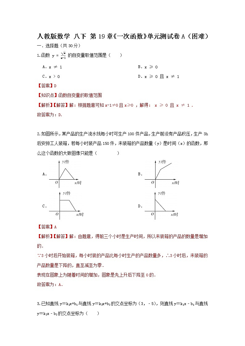 人教版八下 第19章《一次函数》单元测试卷A（困难）01