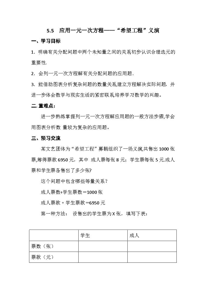 5.5 应用一元一次方程——“希望工程”义演（课件PPT+教案+学案+练习）01