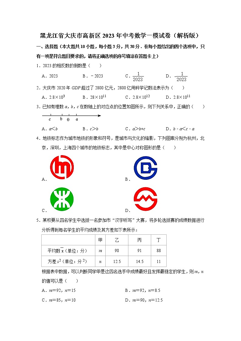 2023年黑龙江省大庆市高新区中考数学一模试卷(含答案)01