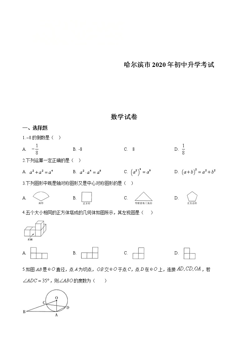黑龙江省哈尔滨市2020年中考数学试题（原卷版）第1页
