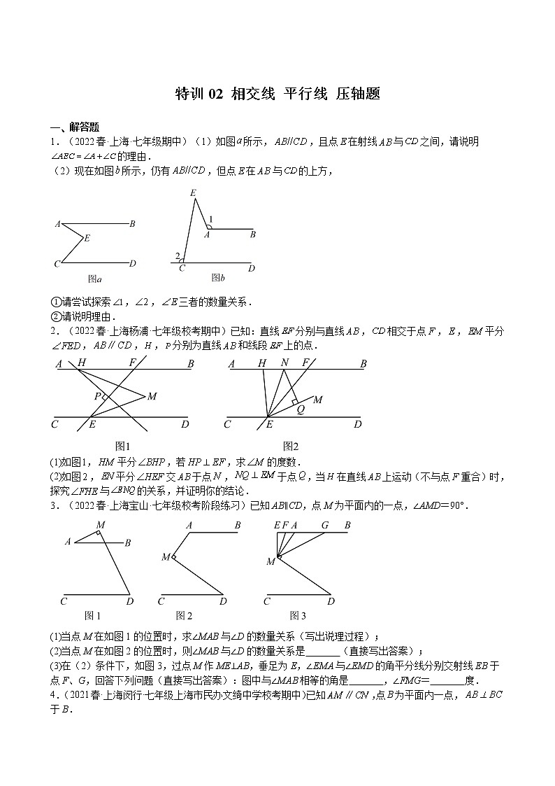 特训02 相交线 平行线 压轴题-2022-2023学年七年级数学下册期中期末挑战满分冲刺卷（沪教版，上海专用）01