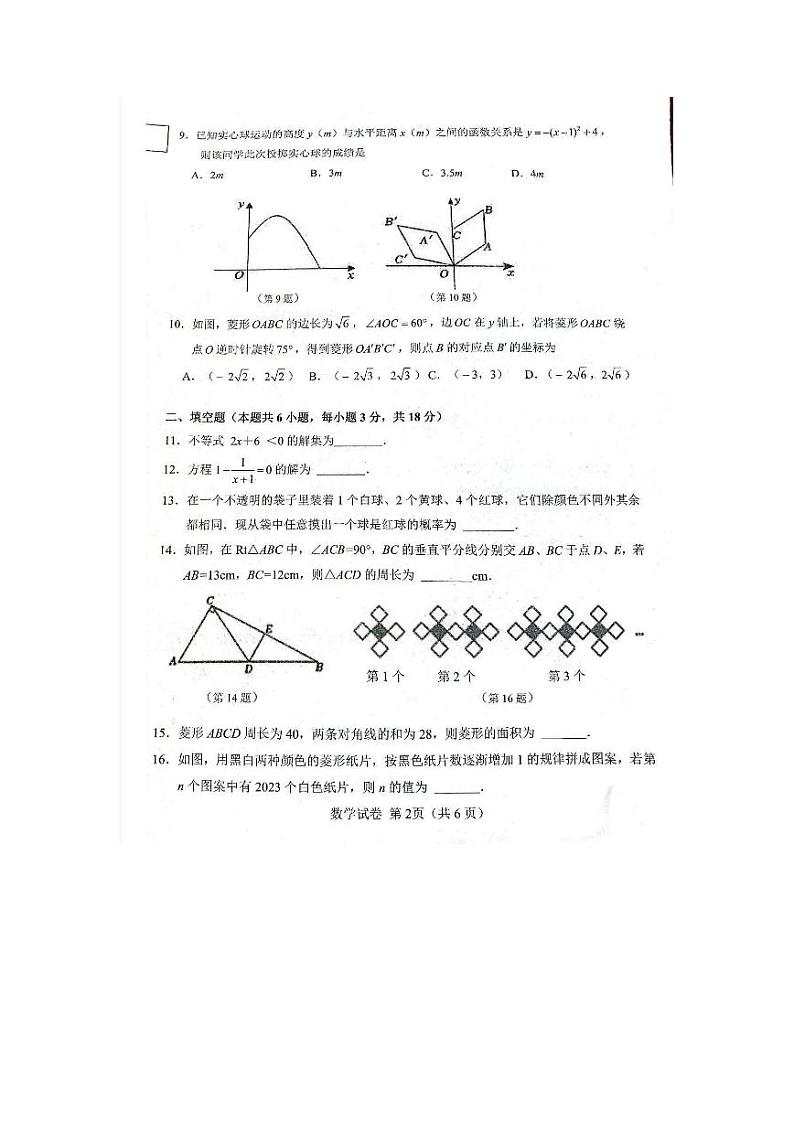 2023年辽宁省大连市金普新区九年级第一次模拟考试数学试卷第2页