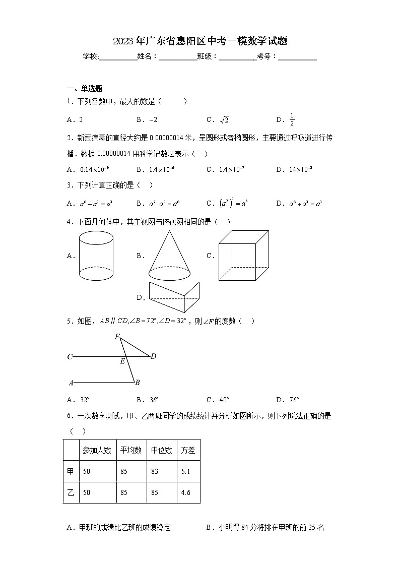 2023年广东省惠阳区中考一模数学试题01