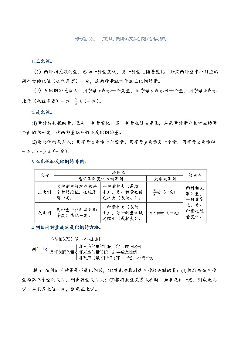 2022-2023学年人教版数学六年级下册小升初一轮复习（知识点清单+过关检测）：专题20  正比例和反比例（学生版）第1页