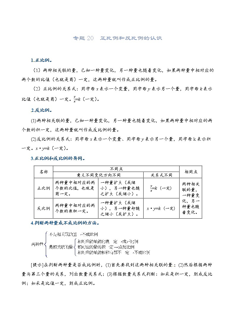 2022-2023学年人教版数学六年级下册小升初一轮复习（知识点清单+过关检测）：专题20  正比例和反比例（教师版）第1页
