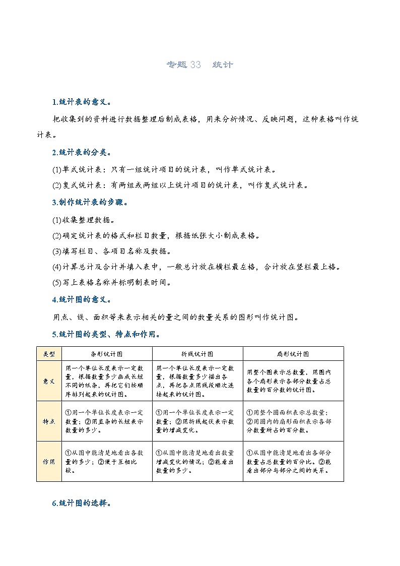 2022-2023学年人教版数学六年级下册小升初一轮复习（知识点清单+过关检测）：专题33  统计（学生版）第1页