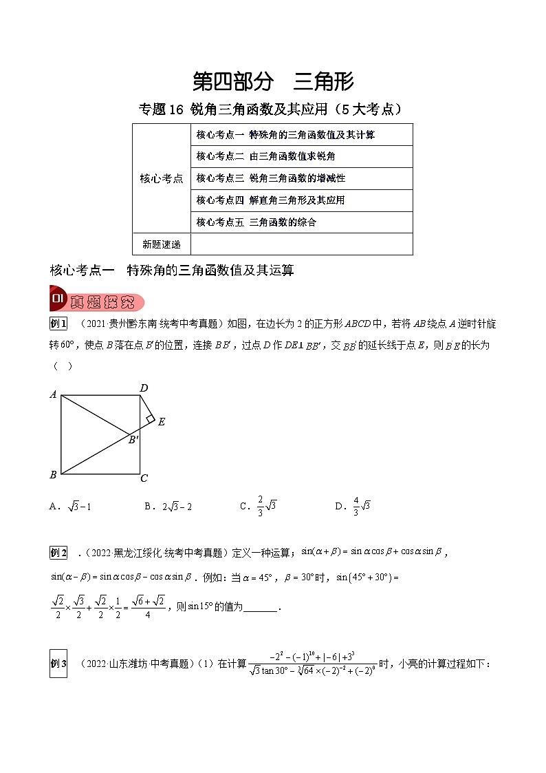 专题16 锐角三角函数及其应用（5大考点）-中考数学总复习真题探究与变式训练（全国通用）01