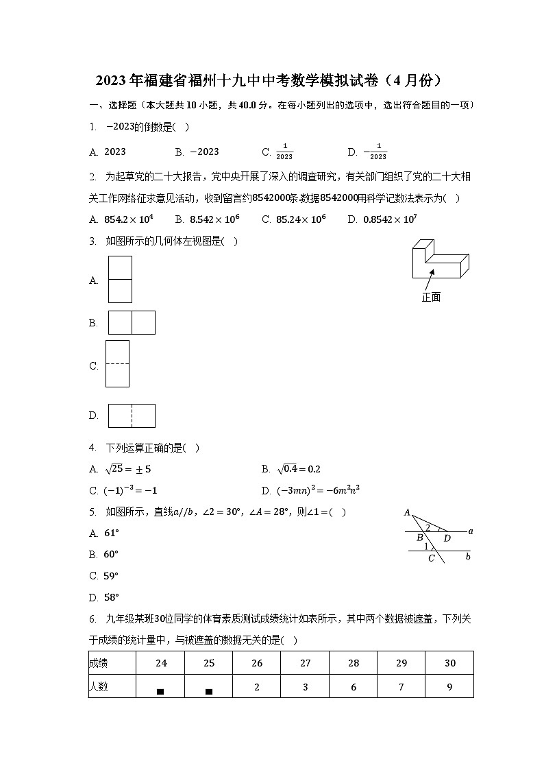 2023年福建省福州十九中中考数学模拟试卷（4月份）（含解析）01