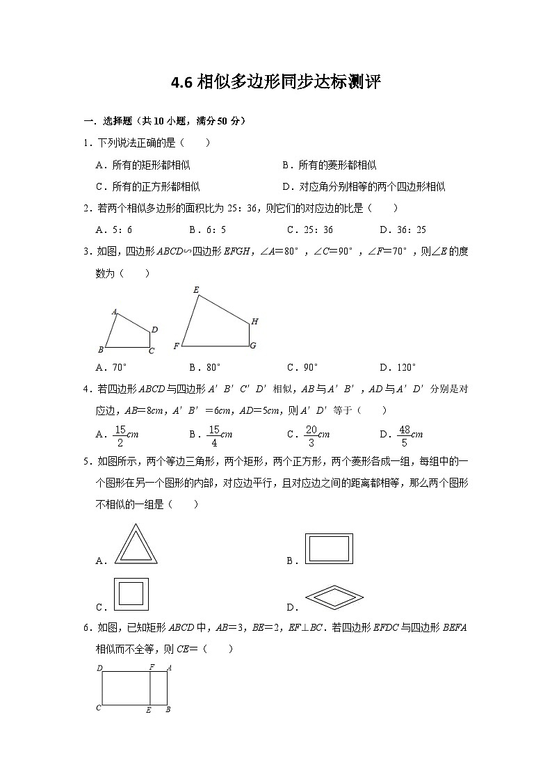 4.6 相似多边形 浙教版九年级数学上册同步达标测评(含答案)01