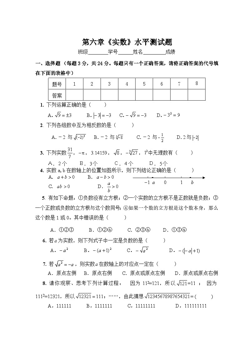 数学七年级下册新人教（七下）第6章 实数 综合水平测试题201
