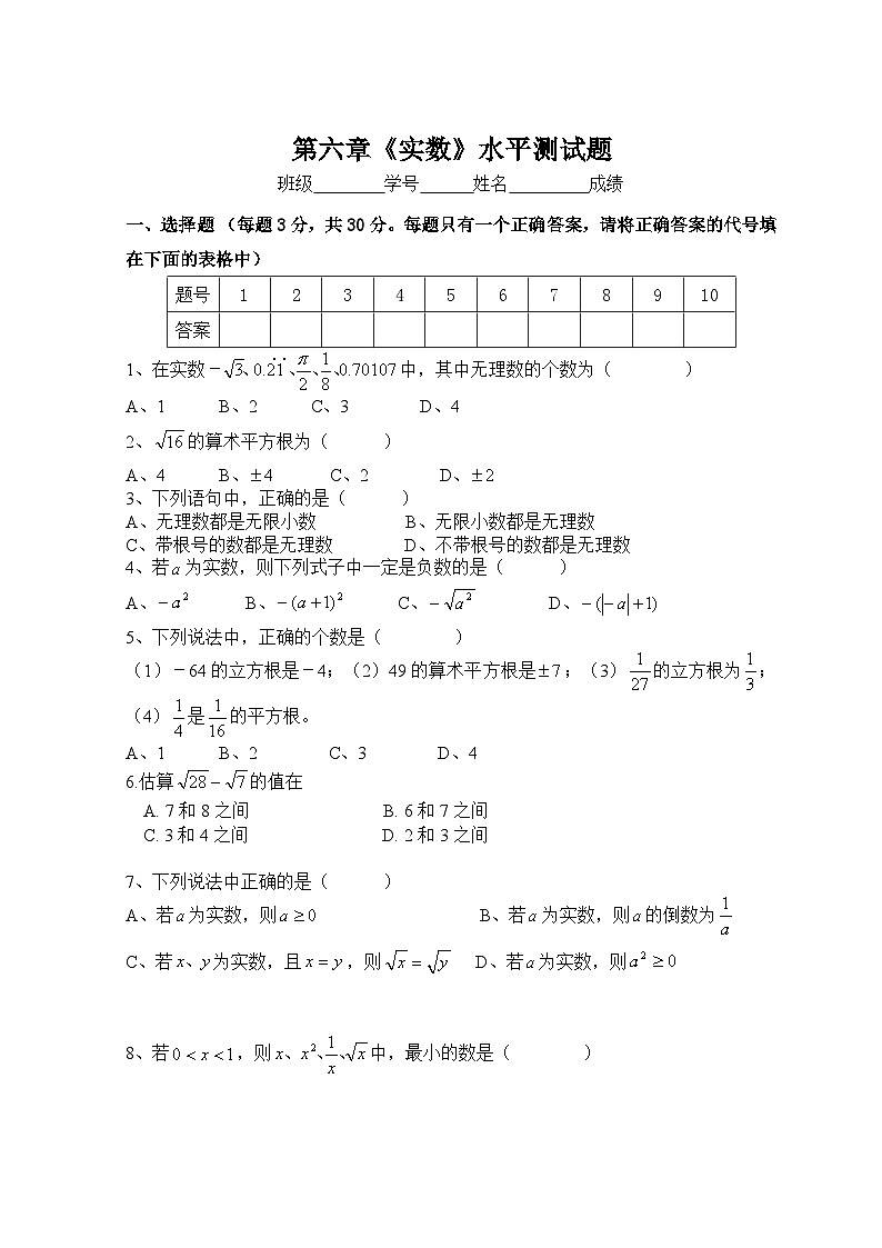 数学七年级下册新人教（七下）第6章 实数 综合水平测试题1第1页