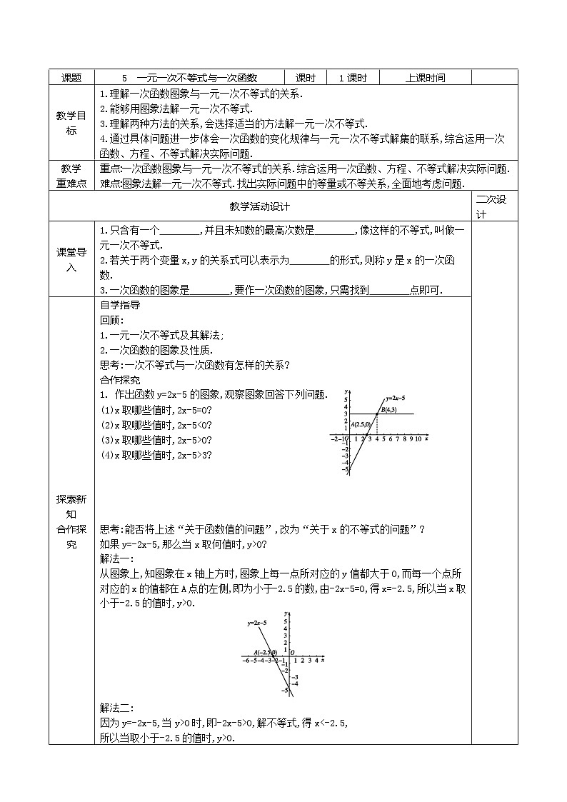 11.5 一元一次不等式与一次函数教案2021-2022学年鲁教版（五四制）七年级数学下册01