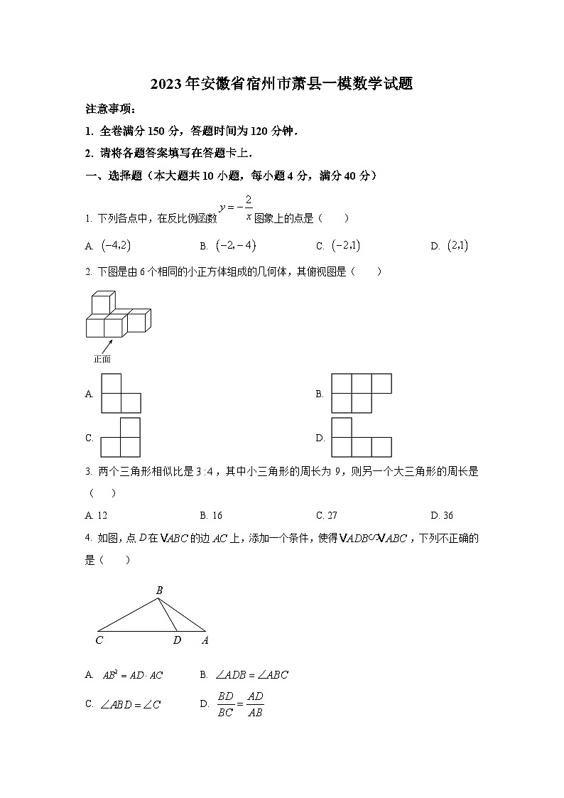 安徽省宿州市萧县2023届九年级第一次模拟考试数学试卷(解析版)01
