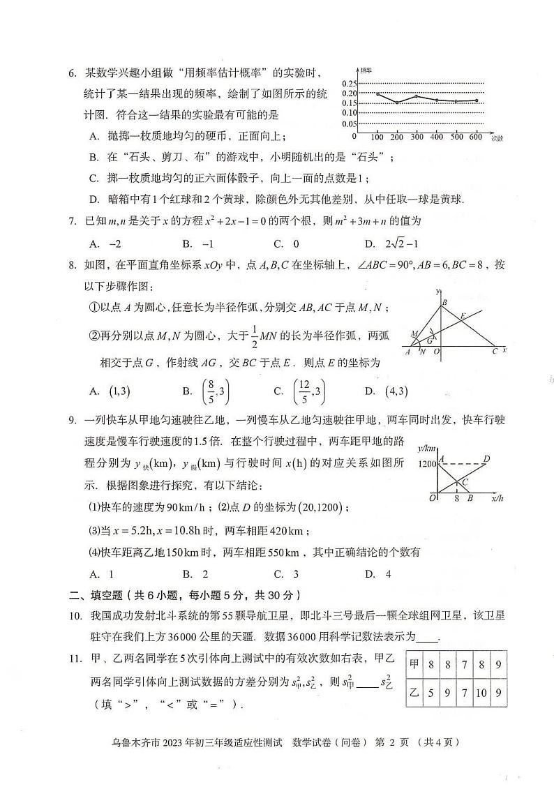 2023年新疆维吾尔自治区乌鲁木齐市中考一模数学试题02