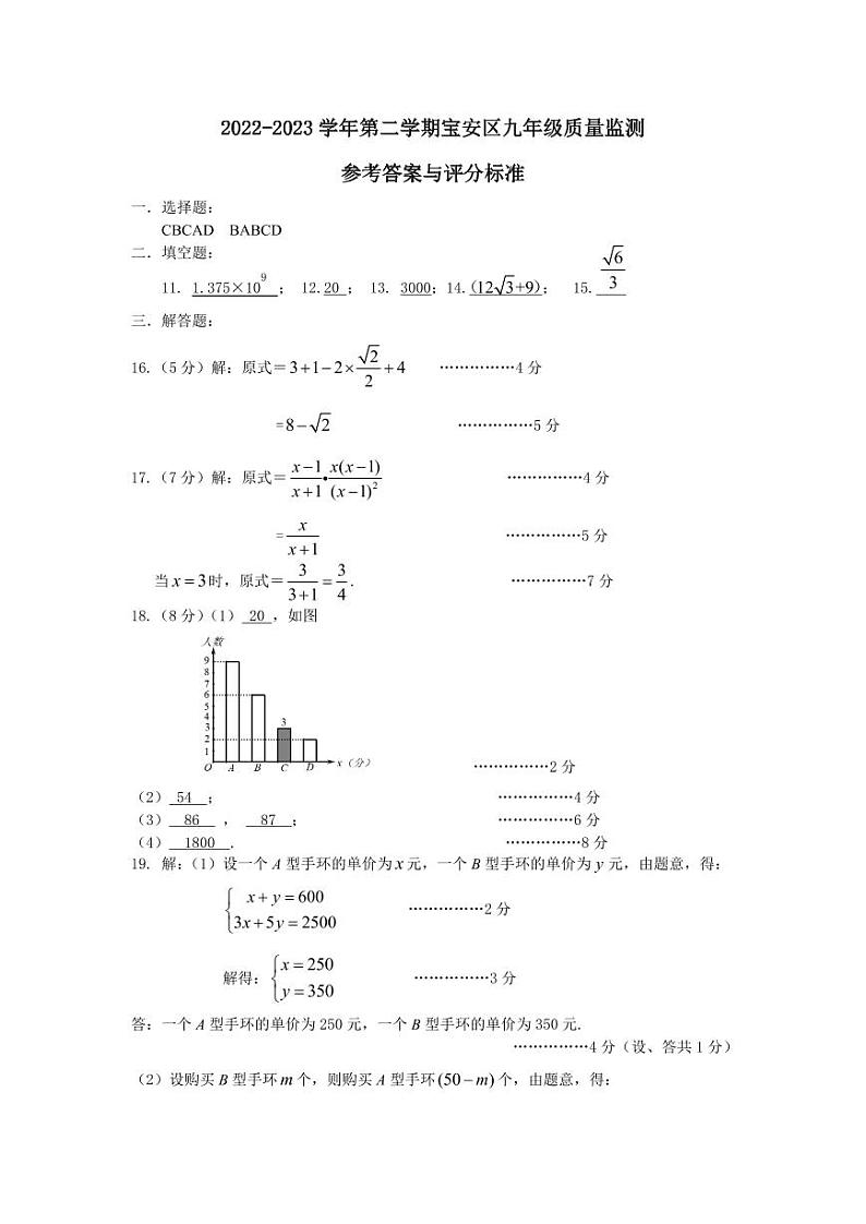 2022-2023 学年第二学期宝安区九年级质量监测数学参考答案第1页