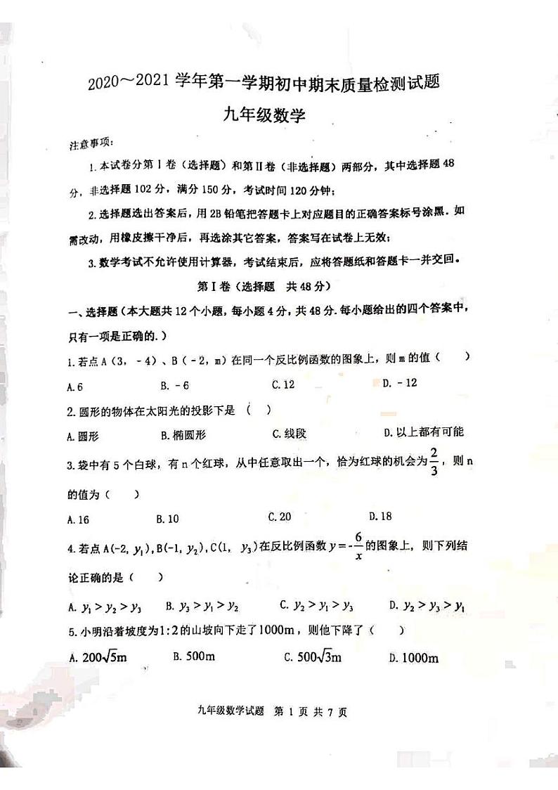 泰安市泰山区望岳中学2020-2021学年九年级第一学期数学期末考试试题01
