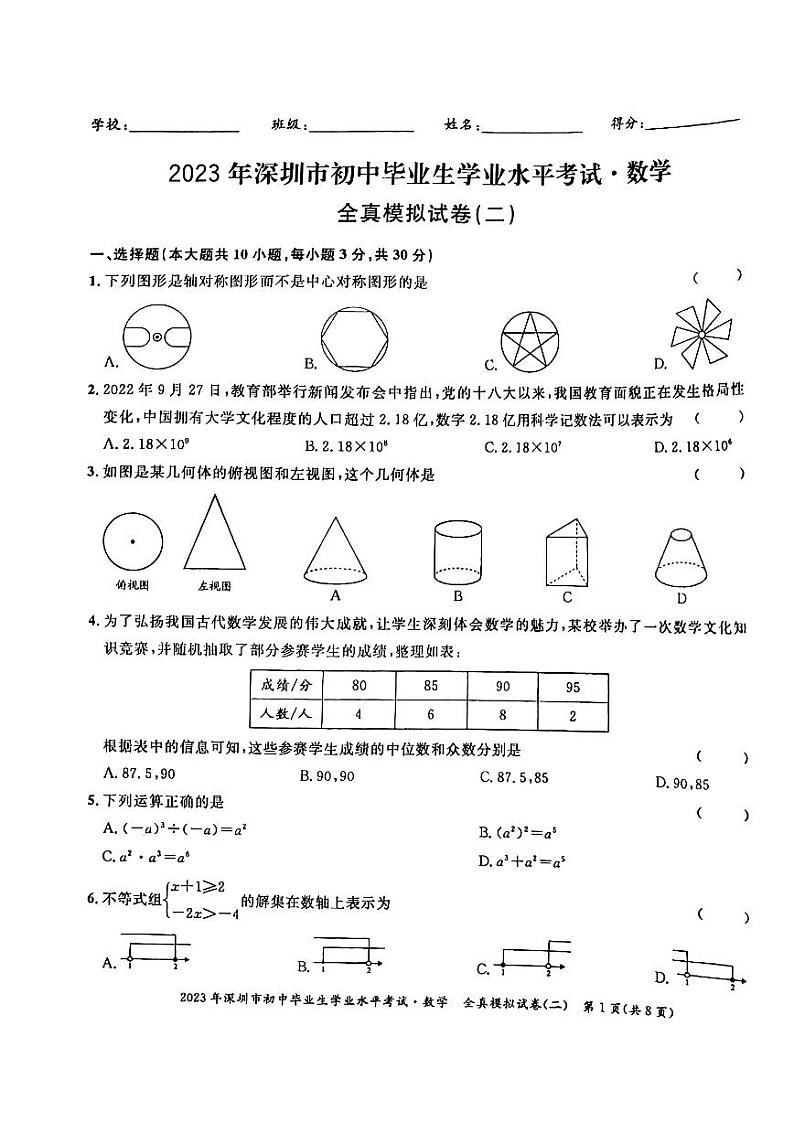 2023年深圳全真中考模拟卷二数学试卷01