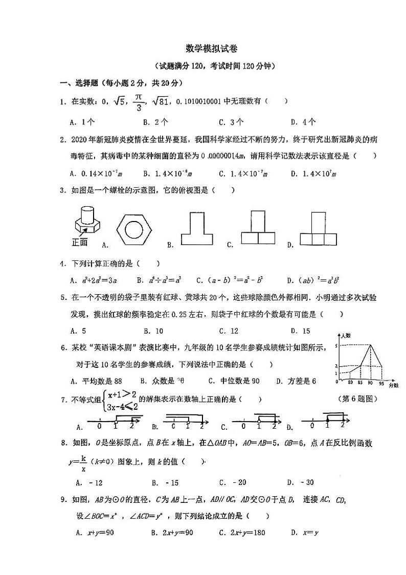 2023年辽宁省沈阳市第七中学九年级中考数学模拟试题第1页