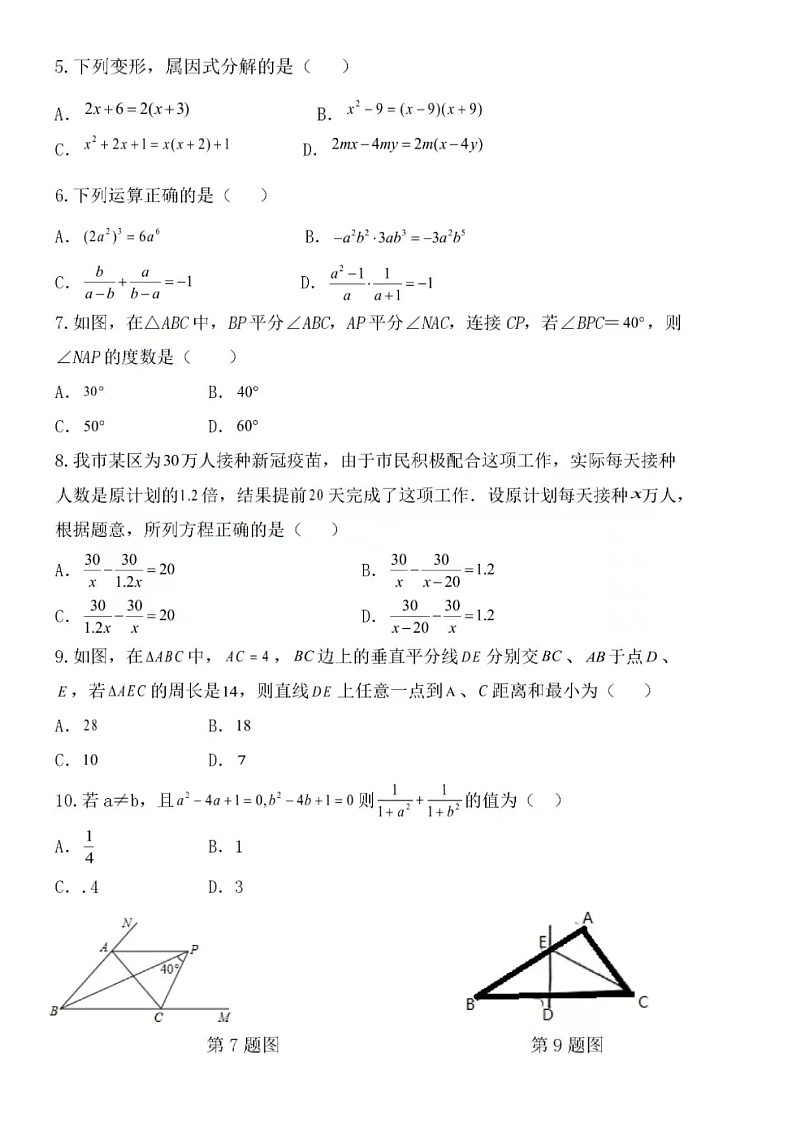 2023年八年级上数学期末模拟试题（无答案）第2页