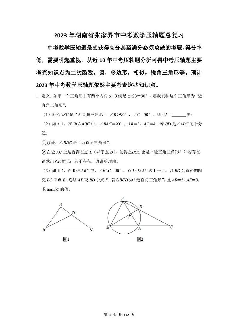 2023年张家界市中考数学压轴题总复习题及答案解析第1页