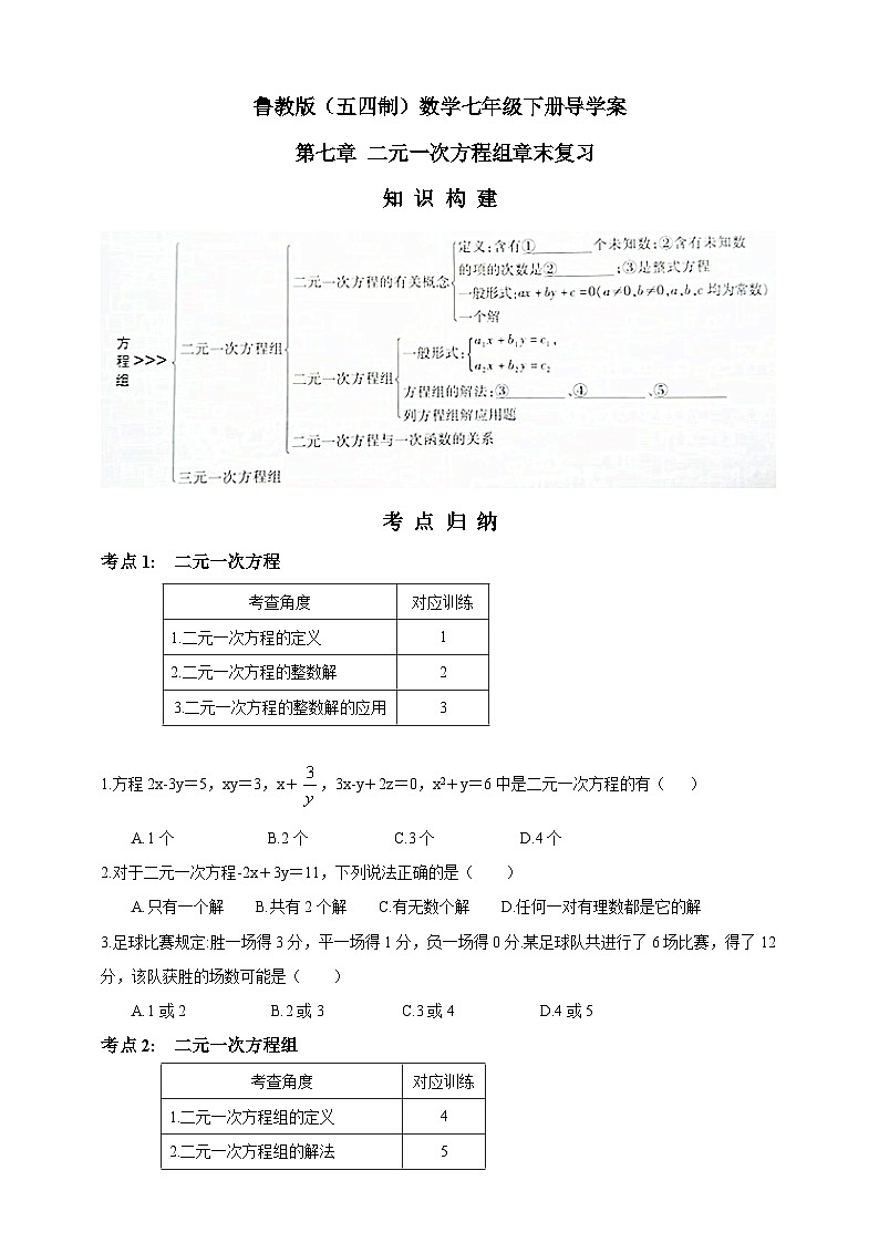 鲁教版（五四制）数学七年级下册导学案 第七章 二元一次方程组章末复习01