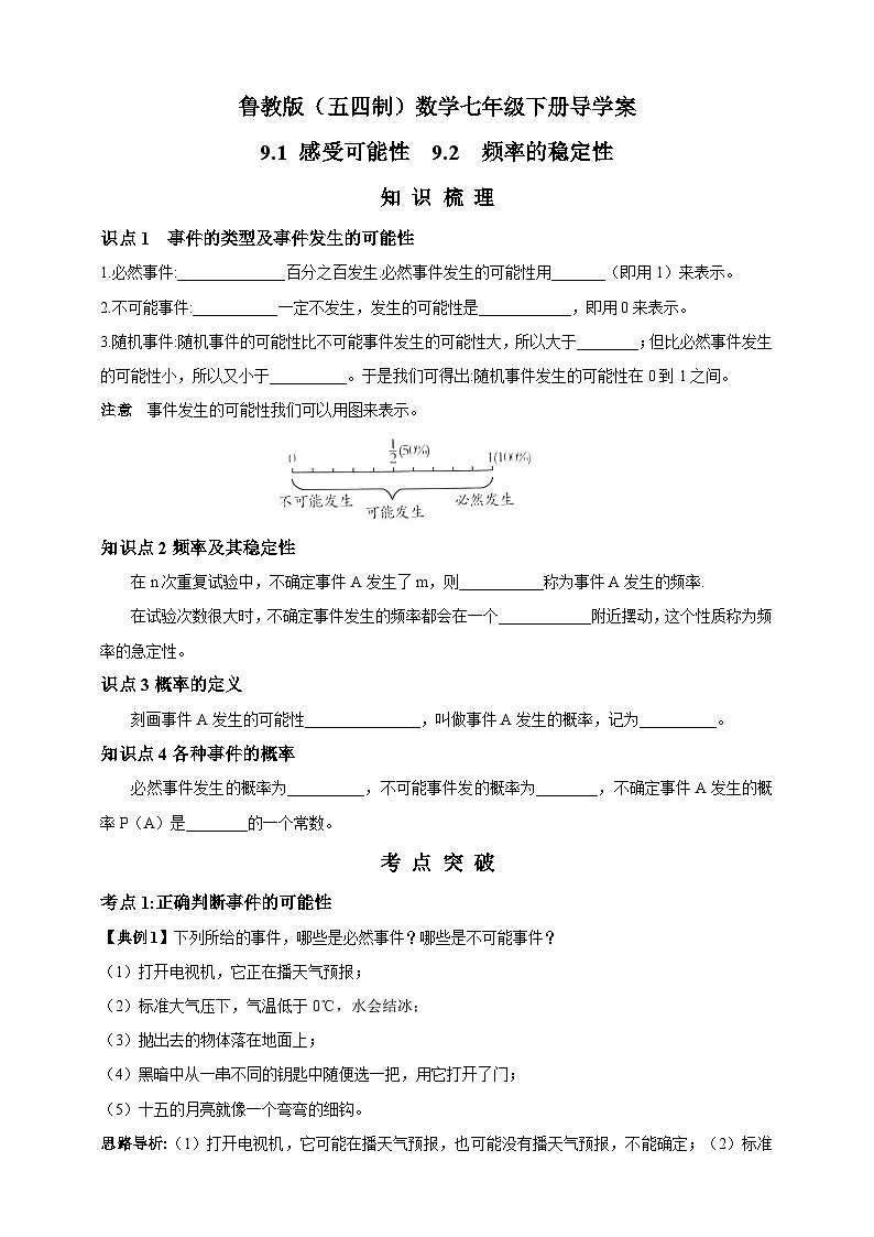 鲁教版（五四制）数学七年级下册导学案 9.1 感受可能性  9.2  频率的稳定性01