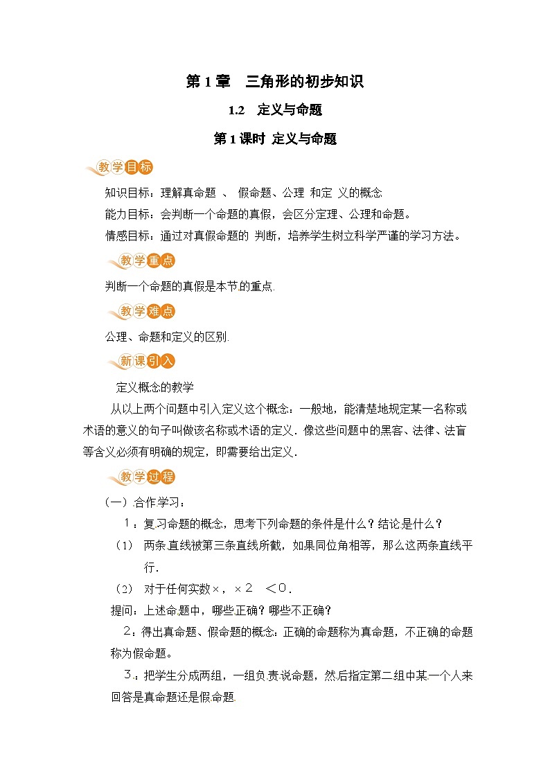 浙教版数学八上 1.2.1 定义与命题 课件+教案+练习01