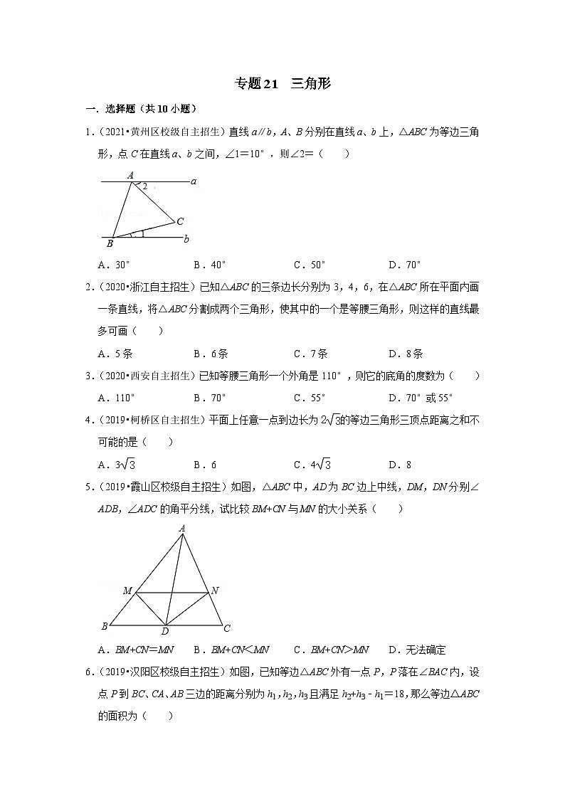 专题21 三角形-全国初三数学自主招生专题大揭秘（含答案详解）第1页
