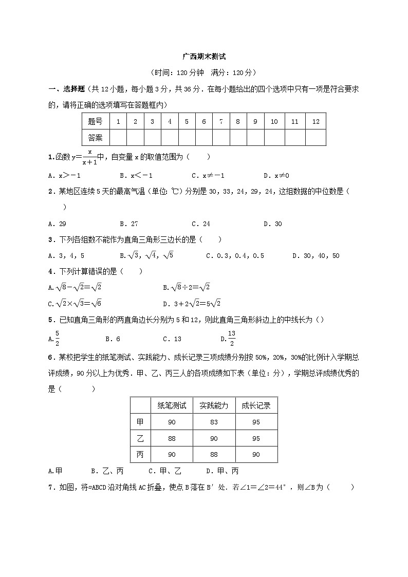 2018年春人教版八年级数学下册（广西）期末测试第1页