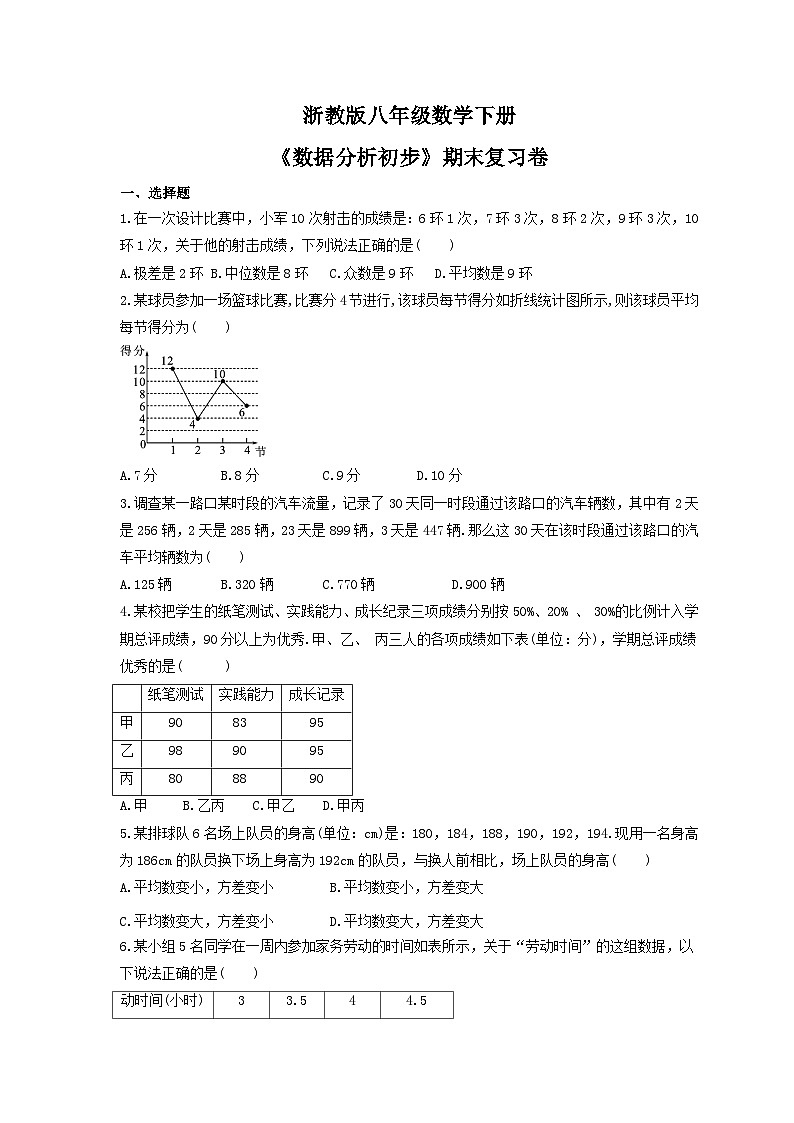 浙教版八年级数学下册《数据分析初步》期末复习卷（含答案）01