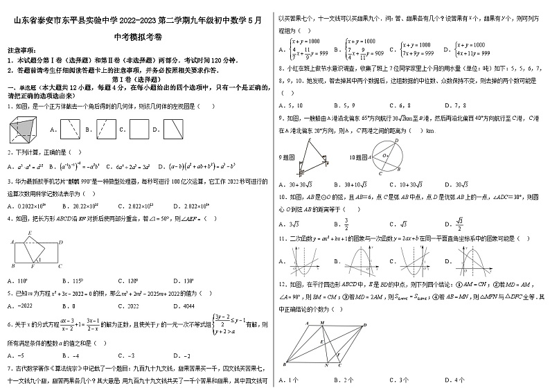 2023年山东省泰安市东平县实验中学九年级中考数学模拟考卷（含答案）01