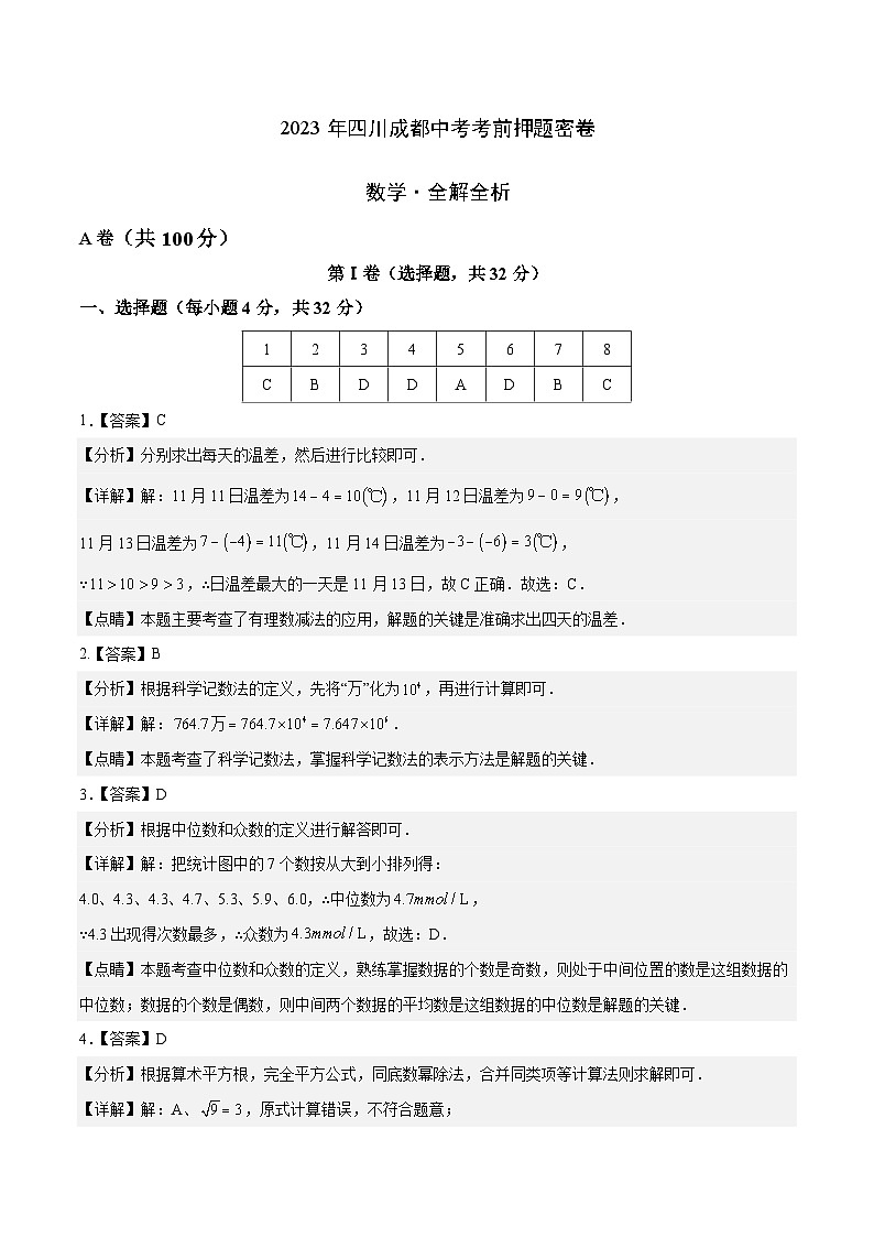 2023年中考考前押题密卷：数学（四川成都卷）（全解全析）01