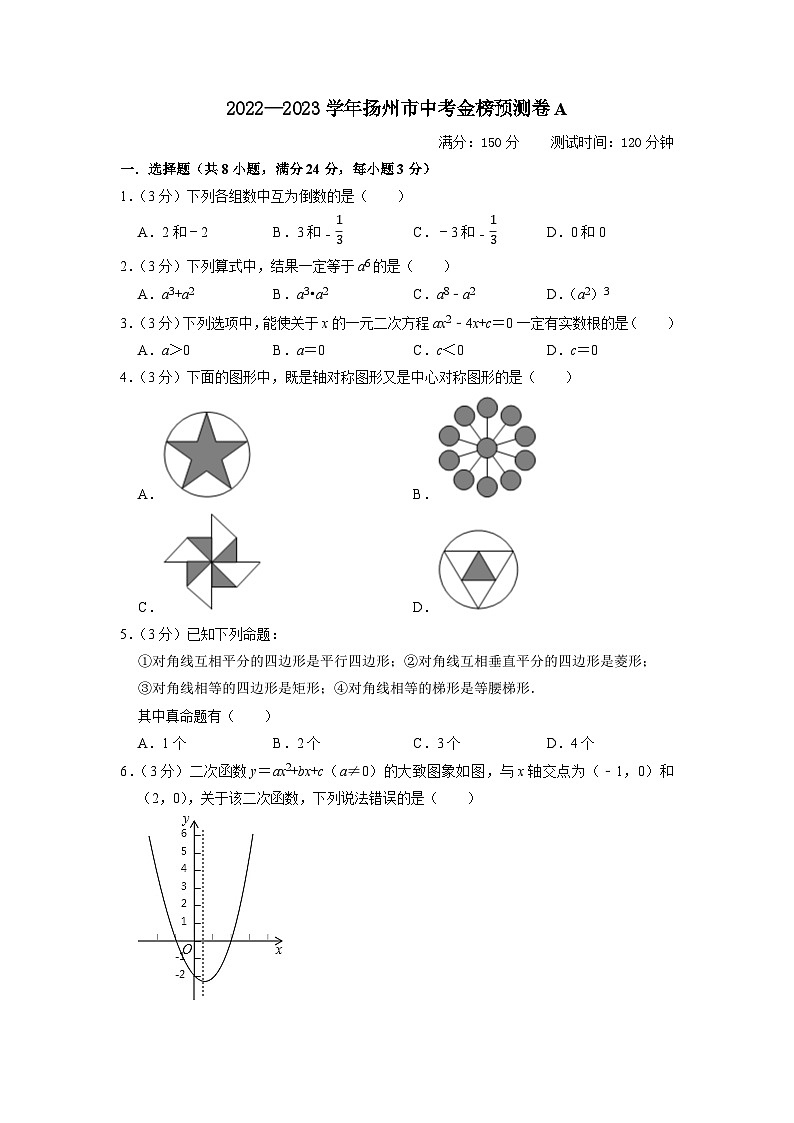 扬州市A卷-2023年中考数学金榜预测卷（江苏地区专用）（原卷版）A4第1页