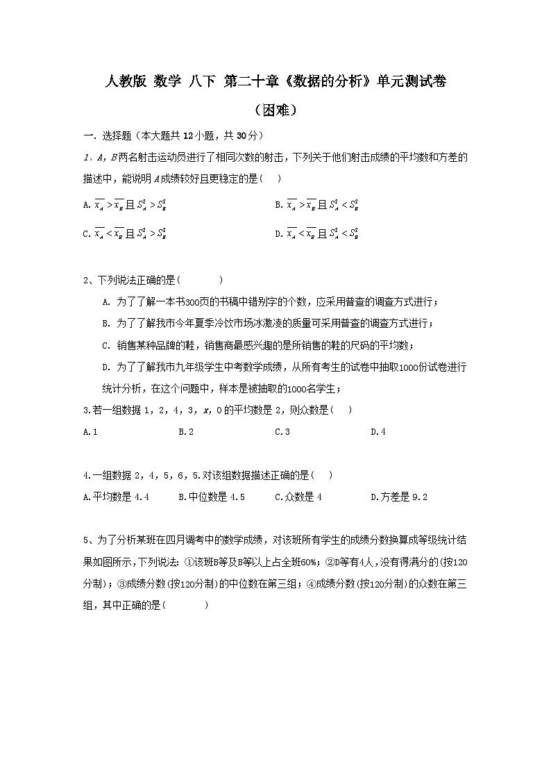 人教版数学 八下 第20章《数据的分析》单元同步测试卷01
