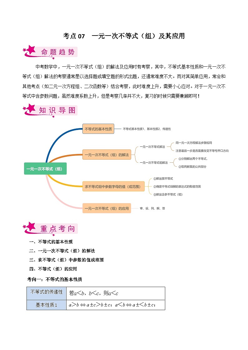 考点07 一元一次不等式（组）及其应用-备战2023届中考数学一轮复习考点梳理（解析版）第1页
