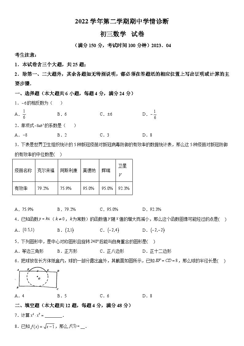 2023年上海市金山区中考二模数学试卷含详解01