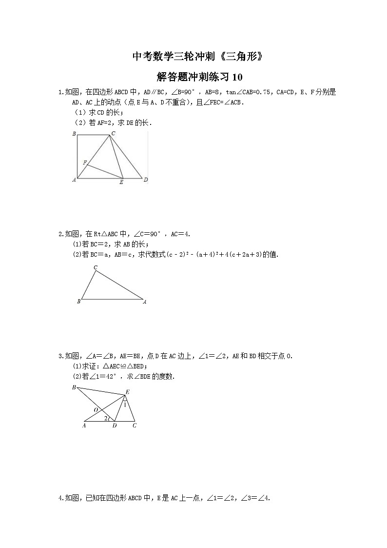 中考数学三轮冲刺《三角形》解答题冲刺练习10（含答案）第1页